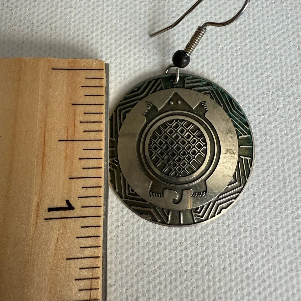 Circular Silver Tone Dangle Earrings with Turtle Etched Design - Picture 4 of 7